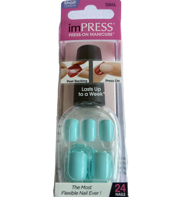 NEW Kiss Nails Impress Press On Manicure Short Gel Aqua Blue Solid Big Flirt