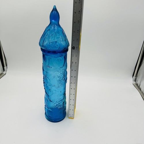 Vintage MCM Empoli Harvest Fruit Blue Embossed Apothecary Jar with Lid 17in - Picture 3 of 15