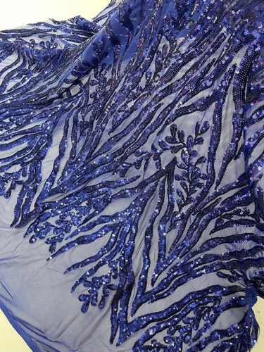 Dk Royal Blue Sequin Fabric by Yard,4 Way Stretch Fashion Design on Spandex Mesh - Picture 2 of 4
