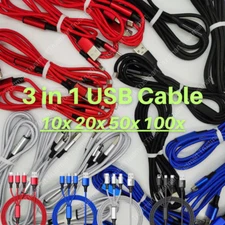 Bulk 3A Multi USB Fast Charging Cable 4Ft 3-in-1 Nylon Braided Charger Cord Lot