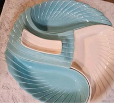 Vintage Hoenig Turquoise and White Chip and Dip Server on Wooden Rotating Base