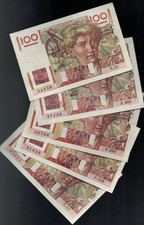 France - Set 5 pcs - 100 Francs 1945-57 Pick 128 in XF+ to aUNC
