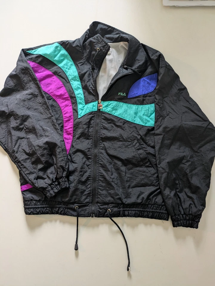 Conjunto de chándal chaqueta y pantalón vintage años 90 FILA para mujer negro púrpura verde azulado talla 6 Foto 4 de 4
