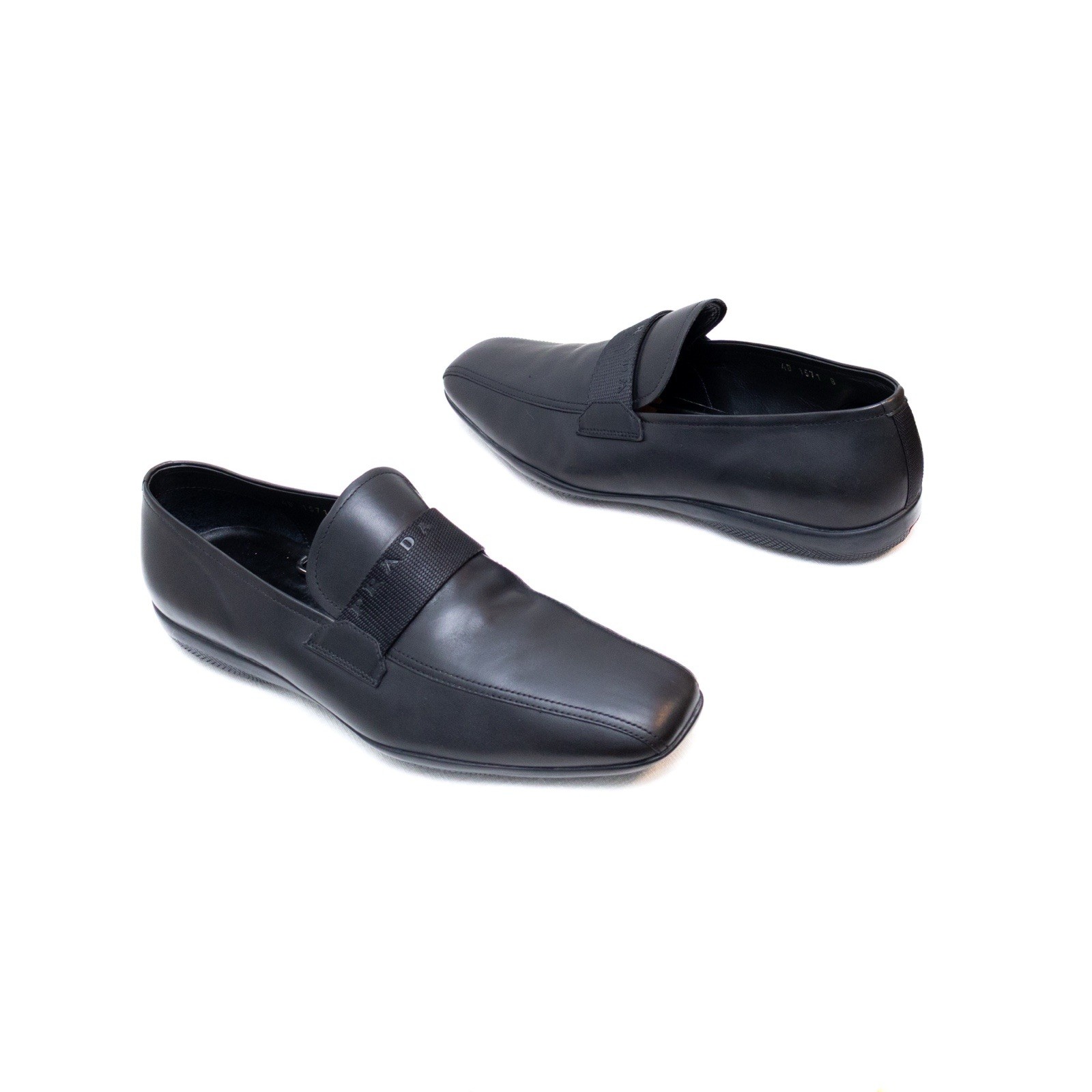 Prada Mens Black Leather Slip-On Loafers with Logo US 9 UK9