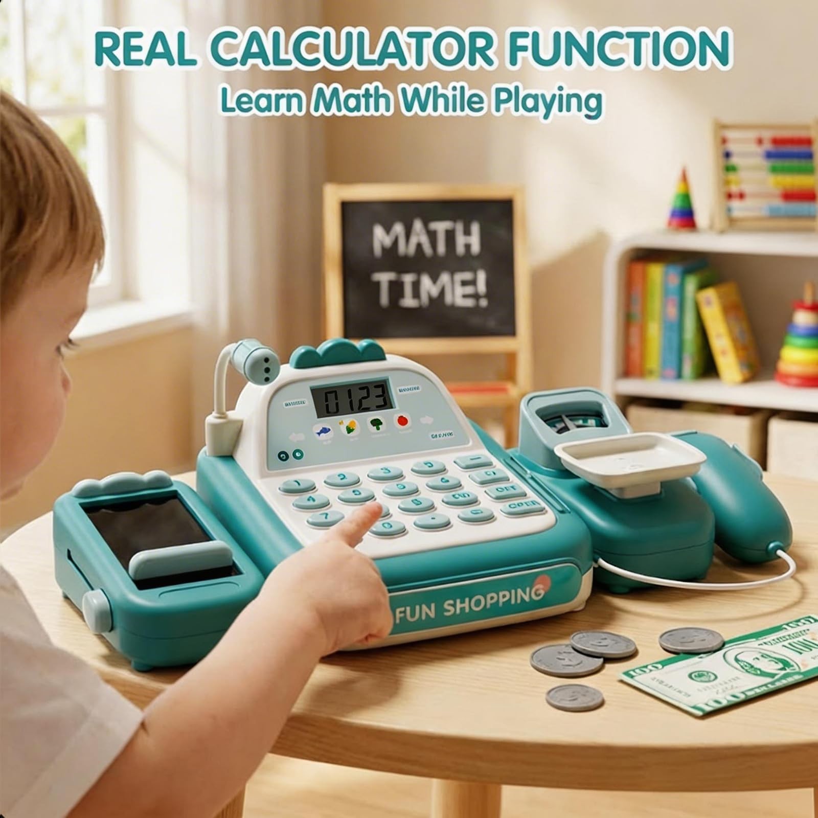как выглядит STACTCUTE 49Pcs Cash Register Toy Set for Kids, Child-size/Miniature, Green фото
