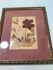 Vtg Oshibana Dried Pressed Flowers Straw Lacquered Flowers In Basket Framed WOW