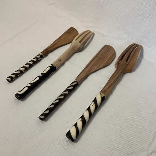 2er Set handgefertigte afrikanische Kuhknochen & Olivenholz Utensil Gabel Messer - Bild 2 von 5