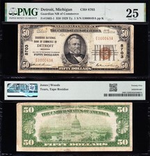 *SCARCE* VF graded 1929 $50 DETROIT, MI National Banknote! PMG 25! E000049A
