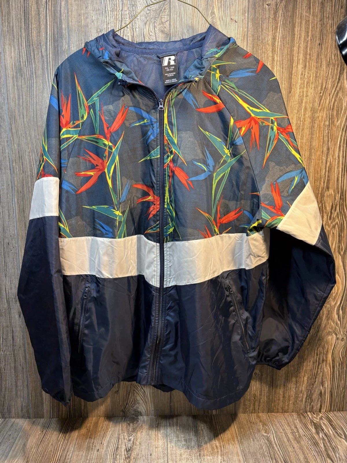 Mens Russell Hooded Lightweight Windbreaker Full Zip Jacket Tropical Size 2 XL