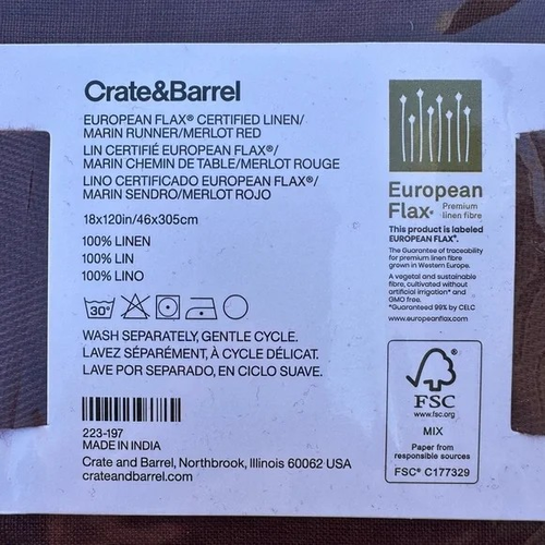 Crate & Barrel Marin 18"x120" Merlot Red European Flax Linen Table Runner NEW - Picture 4 of 6