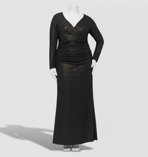 Xscape Women's Gold Foil-Knit Ruched V-Neck Long-Sleeve Dress Plus Size: "18W"