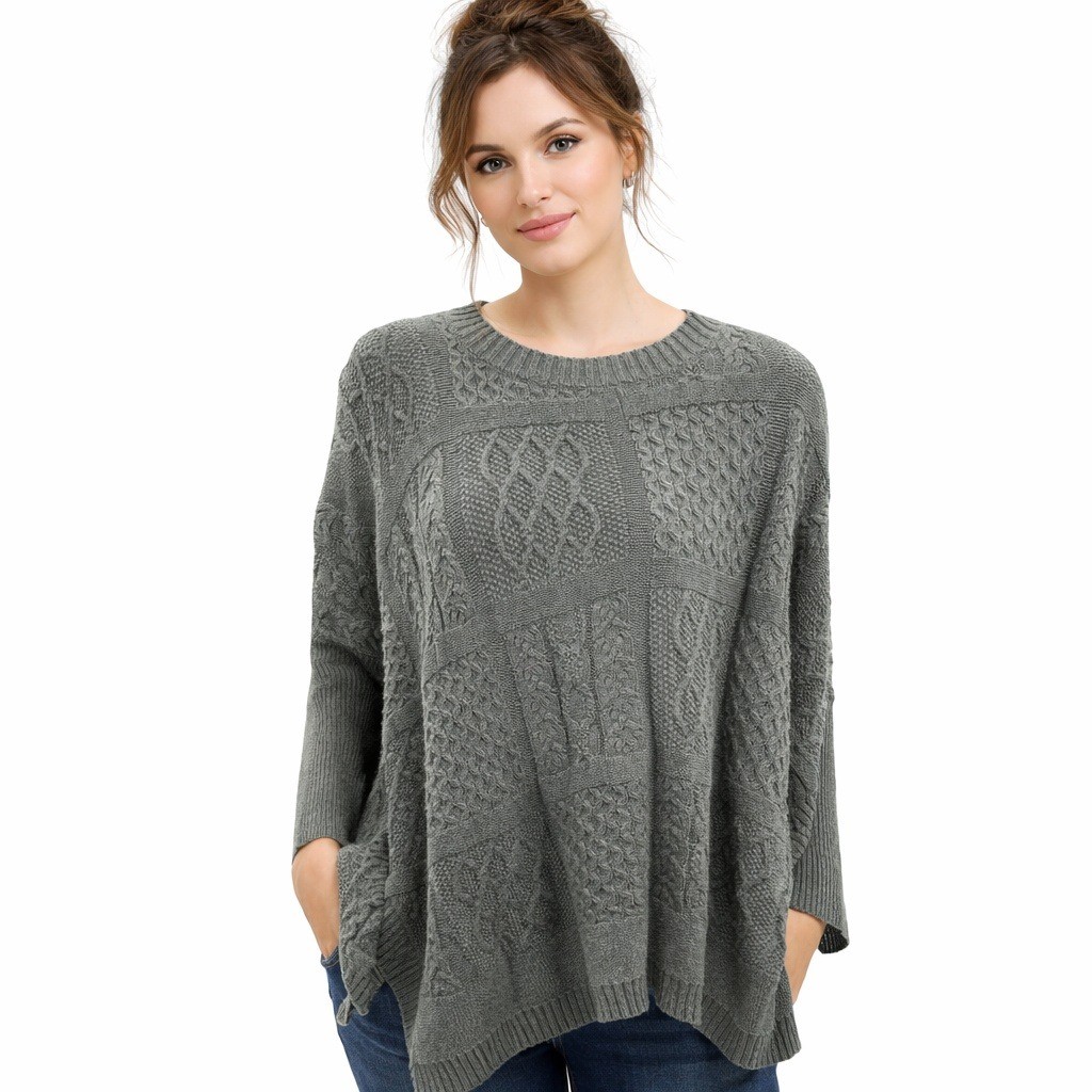 Cabi Gray Patchwork Cable Knit Oversized Batwing … - image 11