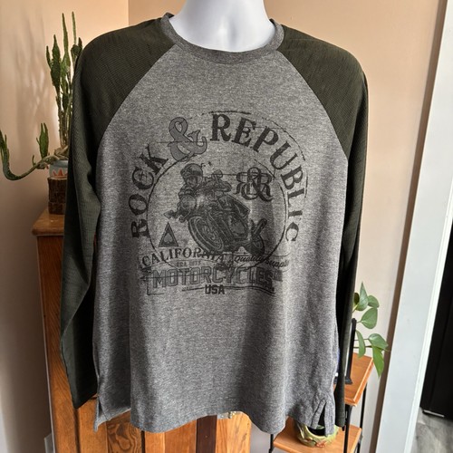 Rock & Republic Gray /Thermal Sleeves Henley Motorcycle Graphic Mens Sz L Biker - Picture 1 of 9