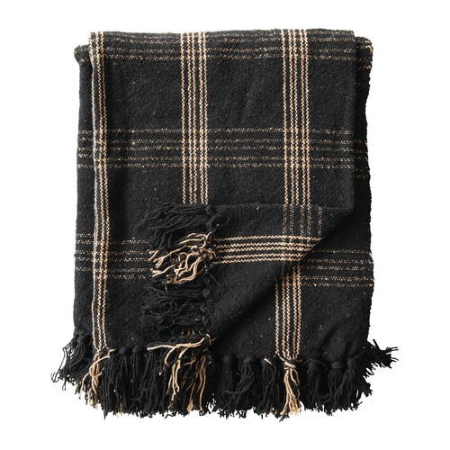 Plaid Black & Tan Fringed Woven Cotton Blend Throw 60 inch x50 - Picture 4 of 9