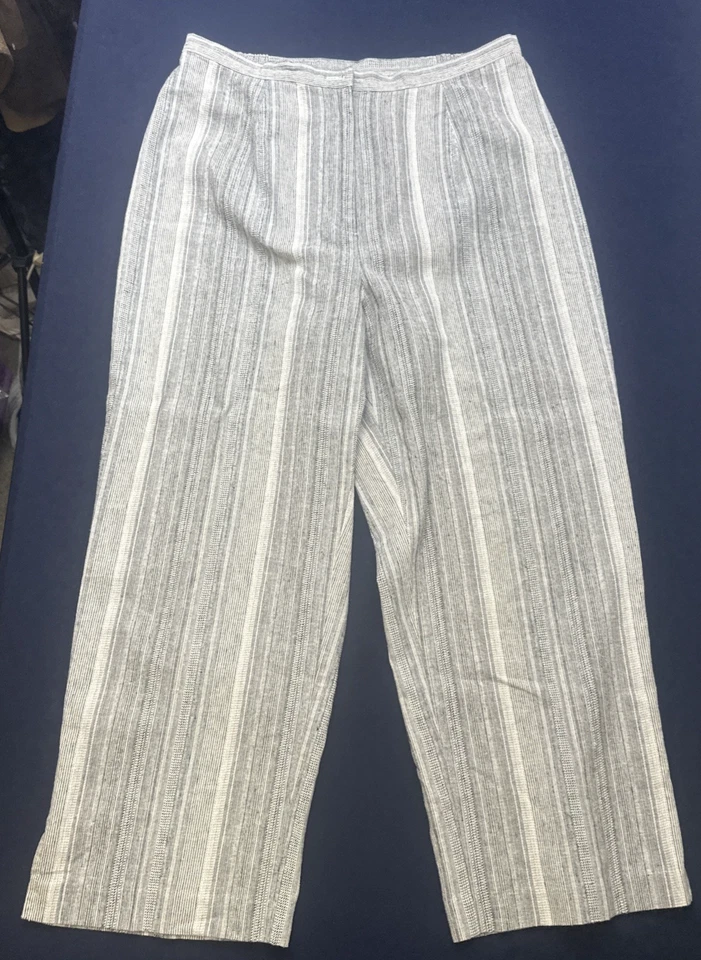 Linen Cotton Blend Grey Striped Pants Women’s Size 14 Elastic Waist Summer Beach - Image 3 of 4