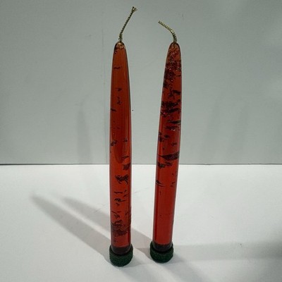 2 Vintage Lucite Taper Candles Red With Gold Flakes Christmas MCM 8  Do Not Burn