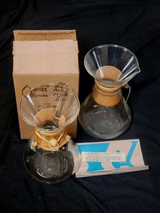 2 Vtg CM-4 Pyrex 2qt Chemex our-Over Coffee Maker Original Boxes Green Labels