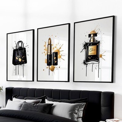 Mode Wandkunst Schönheit Parfüm Make-up Drucke Mädchen schwarz Schlafzimmer Dekor 3er Set