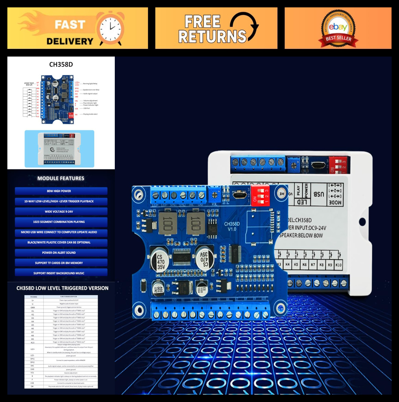 80W Voice Playback Module, 8MB Sound Board, USB Download, MP