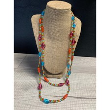 Vintage Colorful Multi Strand Glass Bead Long Necklace 56 Inch Boho 3455