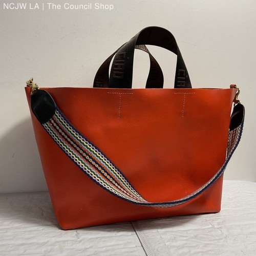 Clare V. Orange Leather Ciao Tote w/ Patterned Multicolor Knit Strap