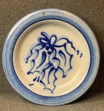 Rowe Pottery Works Salt Glaze Cobalt Holly Trinket Dish, 1991, Beautiful, Cute!