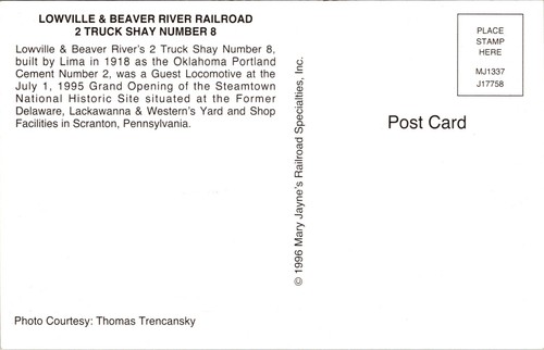 Postcard Lowville & Beaver River Railroad 2 Truck Shay Number 8 Locomotive B17 - Picture 2 of 2