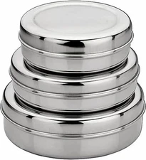 3 Puri Dabba Stainless Steel Storage Containers Size 6, 7, and 8 Dishwasher Safe