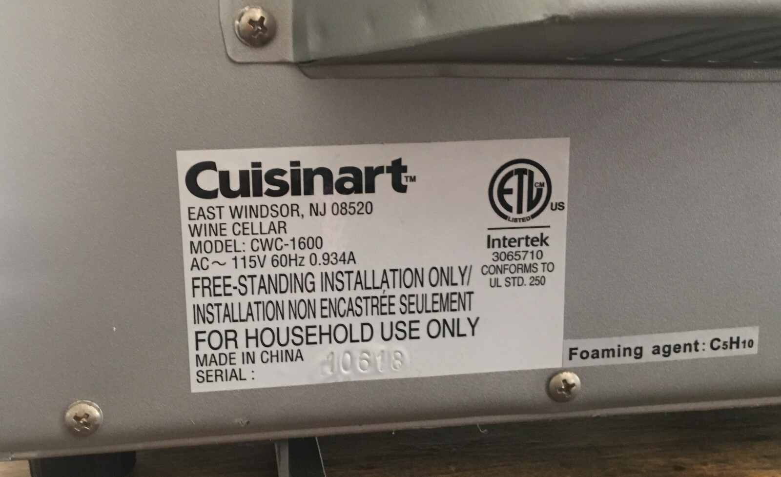 CUISINART Grey Wine Electrical Cellar Model CWC1600 Pick Up Only AS IS