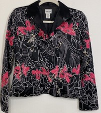Chicos Size 0 SMALL Black Pink White Floral Silk Blend Blazer Jacket Embroidered