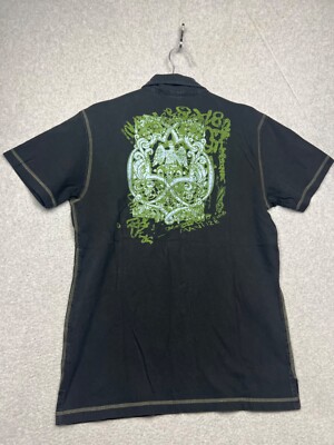 Mavi Men's Y2K Polo Shirt Large Black Gothic Eagle 90s Hip-Hop Graffiti Vintage*