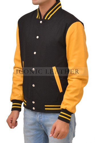 Men's Baseball Style Black and Yellow Varsity Jacket GENUINE LEATHER - Picture 4 of 6