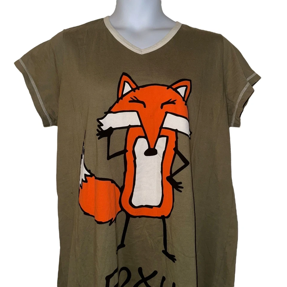 Lazy One Foxy Night Shirt Gown Womens L XL Pajamas Fox Green Knit PJs Zion - Image 2 of 4