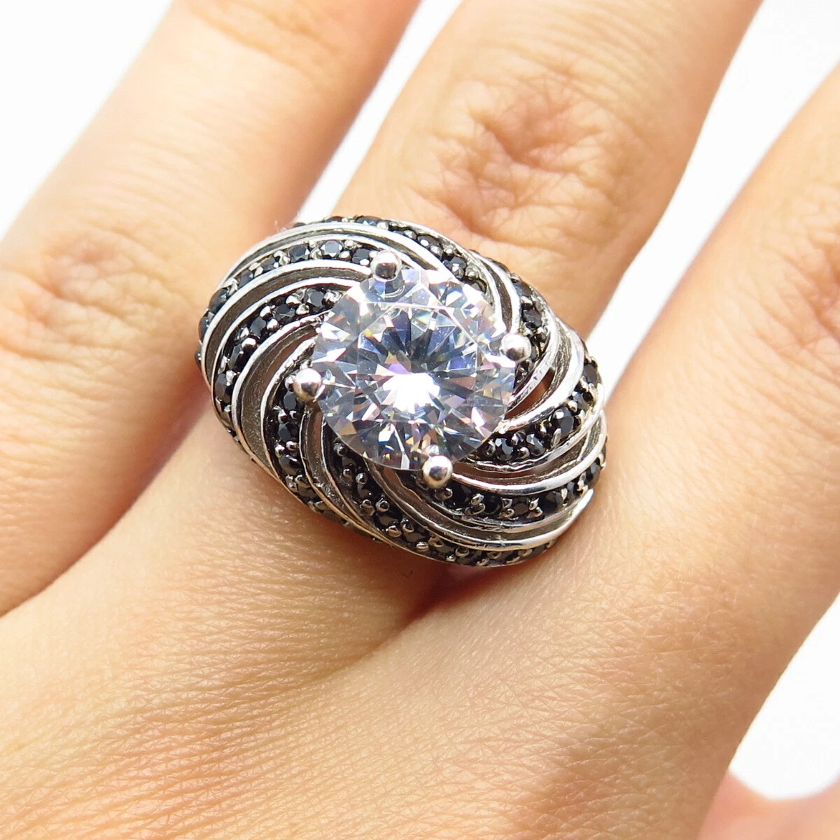 925 Sterling Silver Real Melanite Gem C Z Swirl Domed Ring Size 6