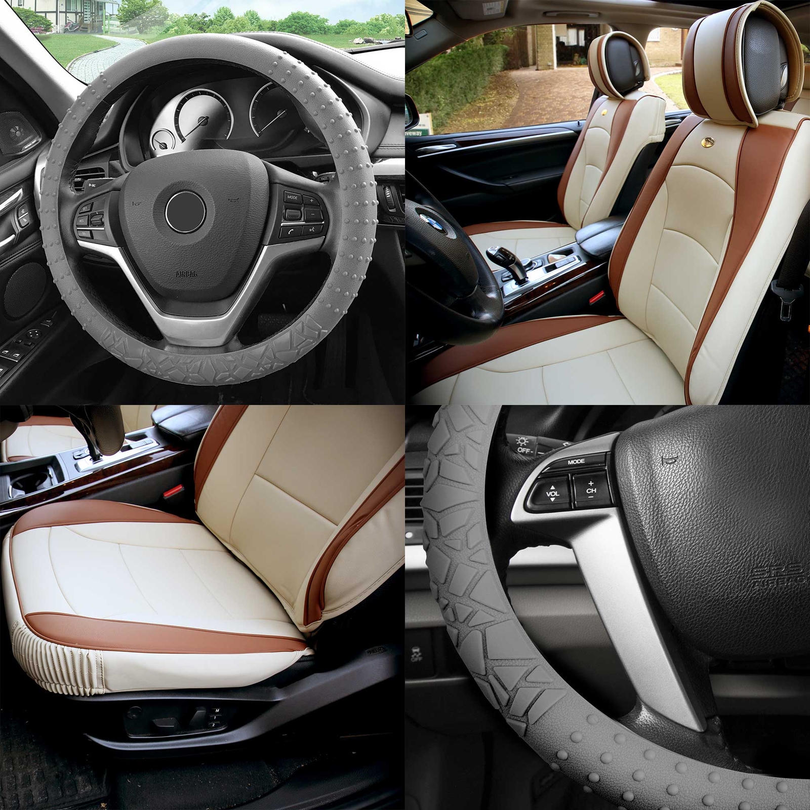 Beige Car Leatherette Seat Cushion Bucket Covers w/ Gray Steering Cover
