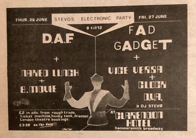 D.A.F - GIG ADVERT - CLARENDON HOTEL - 26/06/1980 - B-MOVIE - FAD GADGET