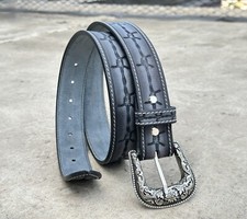 Men  s Western Leather Belt Barbed Wire Embossed   Removable Buckle Chicago Screw