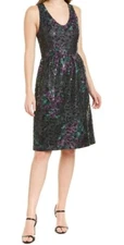 TRINA TURK FRESCA DRESS SHIFT SLEEVELESS SEQUIN BLACK GREEN PURPLE SIZE 10 US