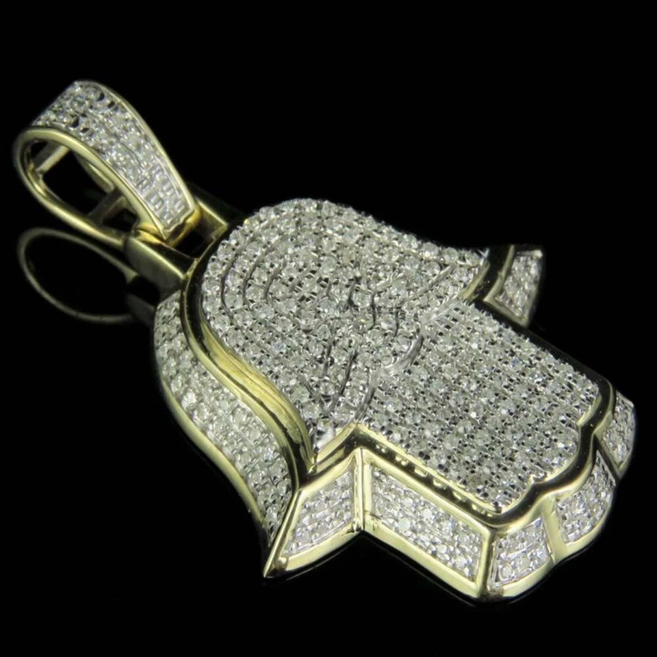 Мужской кулон Hamsa с покрытием из желтого золота 14 карат с муассанитом 0,70 карата D/FL 1,5 дюйма - Изображение 2 из 4