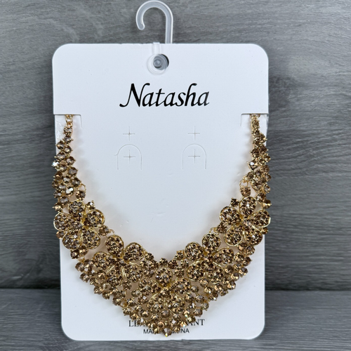 Natasha Goldtone Statement Necklace Rhinestone Floral Bib Prom Fashion Jewelry