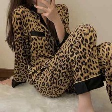 Spring and Fall Pajamas Set Women's Fashion Leopard Print Long-Sleeved Sleepwear