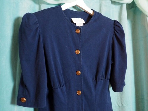 VTG 80s Benson & Smith Navy Blue Copper Button Shoulder Pad Bodycon Dress Sz S - Picture 2 of 6