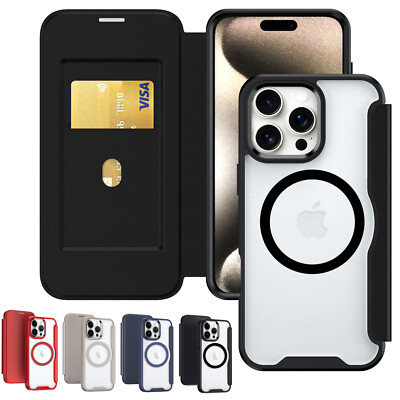 For iPhone 12 13 14 15 16 Pro Max Magnetic Leather Wallet Case Mag Safe Cover