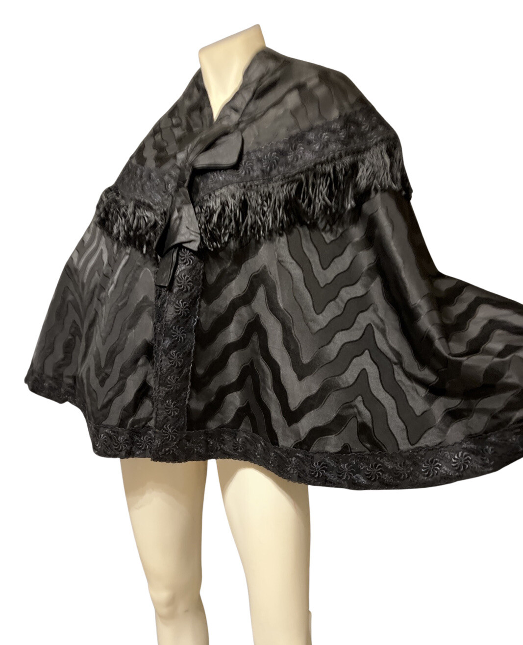 Antique Victorian Mourning Cape Black Silk Mantle… - image 11