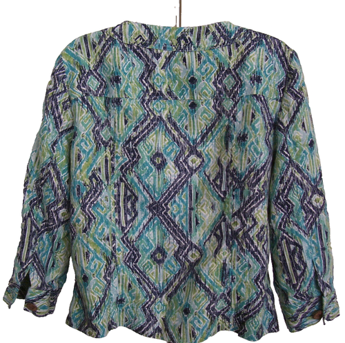 CHARTER CLUB Women's Button Down LINEN Blazer Top Sz M Geometric Green Career - Picture 4 of 7