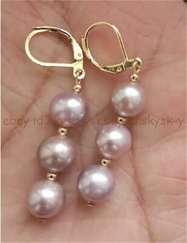 PERFECT AAAA 9-10mm AKOYA PURPLE PEARL BEADED DANGLE EARRINGS 14K YELLOW GOLD - Picture 9 of 11