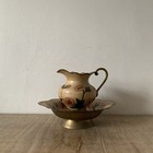 Vintage Rustic Style Cloisonne Brass Jug and Bowl Floral Decor Display