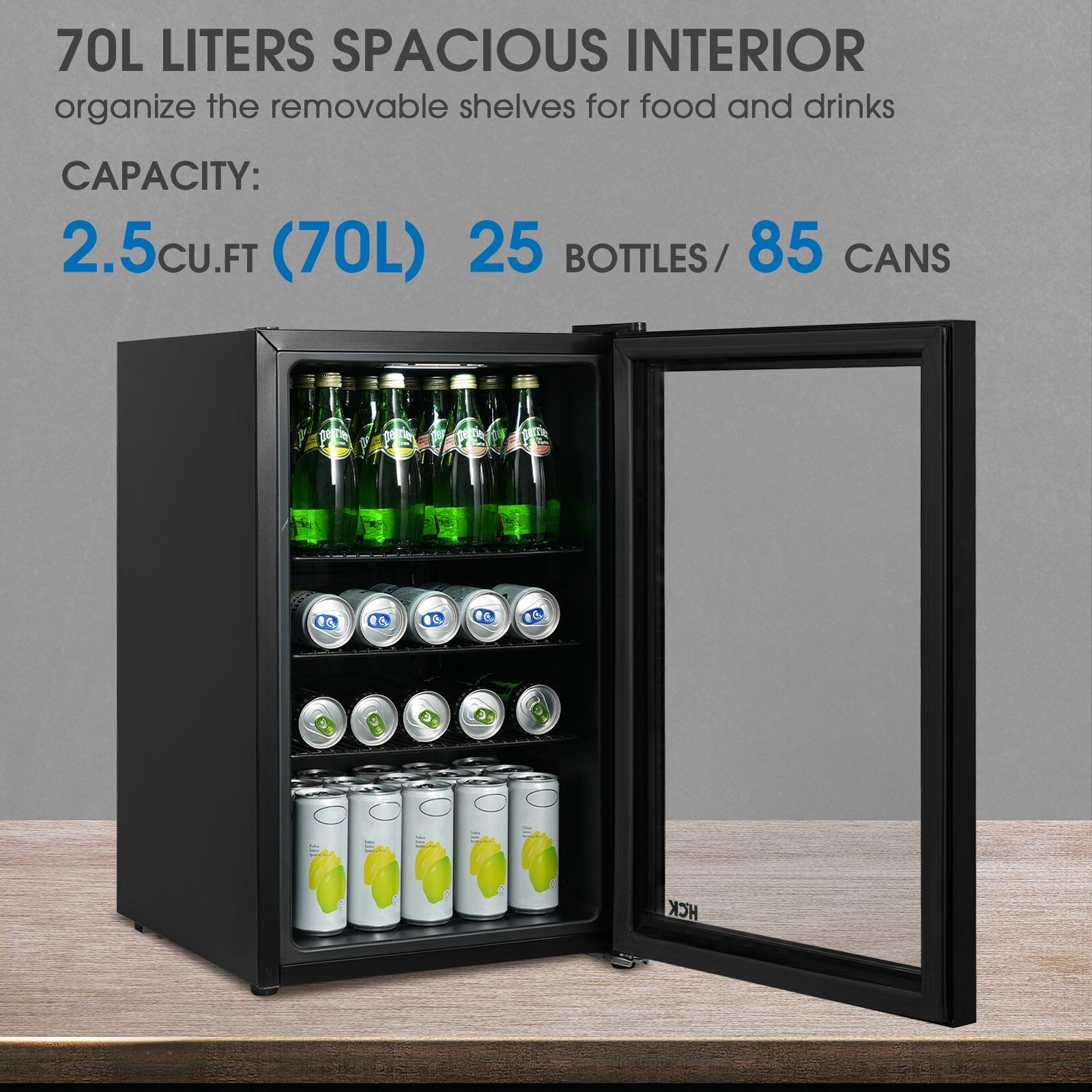 HCK Beverage Refrigerator 70L Bar Fridge Glass Door Countertop Freezer