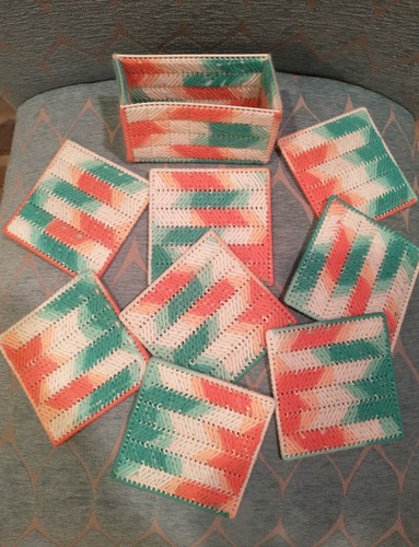 Handmade Matching Coasters &Napkin Holder Plastic Canvas Vintage EUC! - Picture 2 of 6