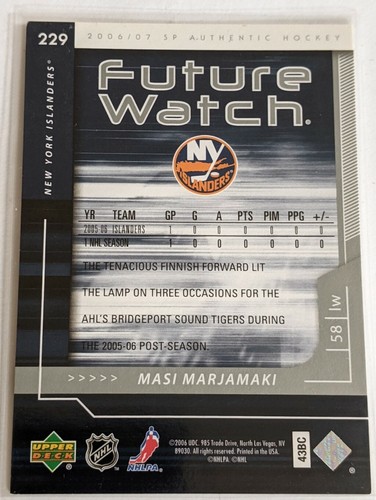 2006-07 SP Authentic Masi Marjamaki Future Watch Rookie RC #229 #ed 070/999 - Picture 2 of 2